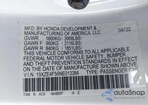 2022 Honda Insight Ex из США, поврежденный, VIN 19XZE4F56NE013384